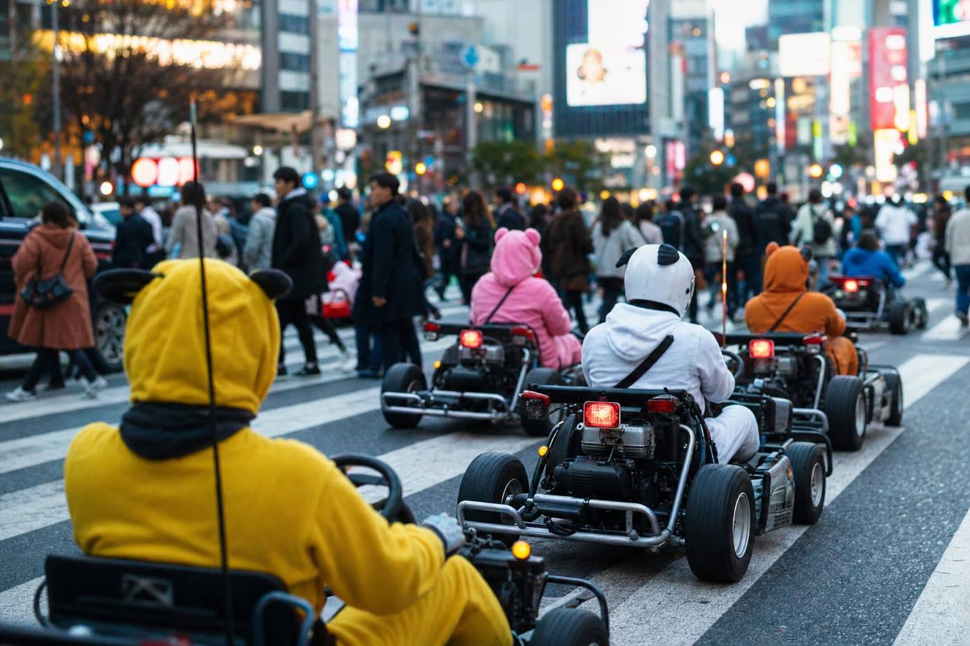 Kart-Konvoi in bunten Kostümen überquert die Shibuya Scramble Crossing in Tokio