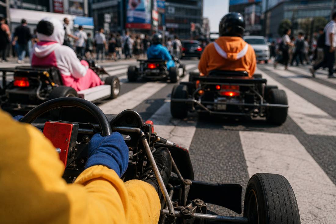 Vista dal sedile del kart entrando nell'incrocio di Shibuya nel traffico di Tokyo