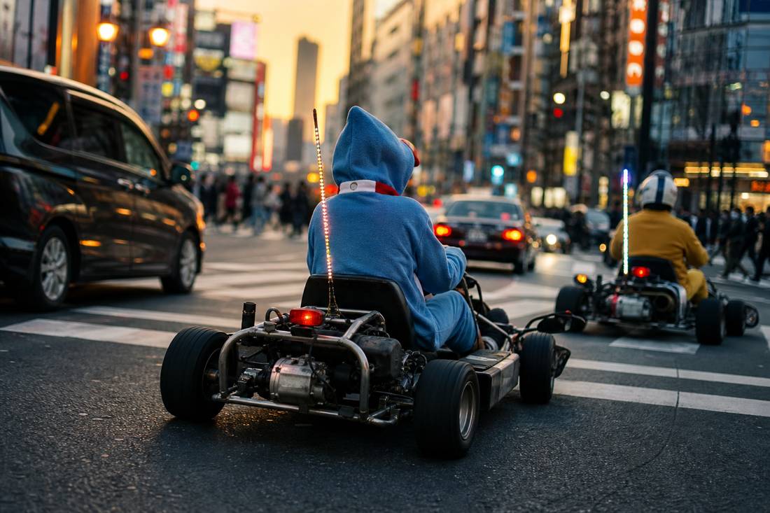 Go-kart che svoltano in una via al neon di Shibuya al crepuscolo