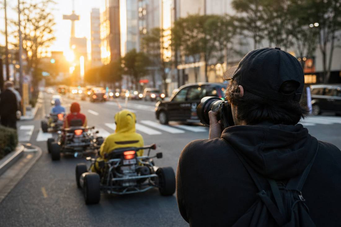 Una guida che fotografa i guidatori di go-kart durante il tour