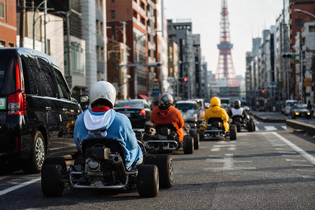 Go-kart che si dirigono verso la Tokyo Tower al crepuscolo