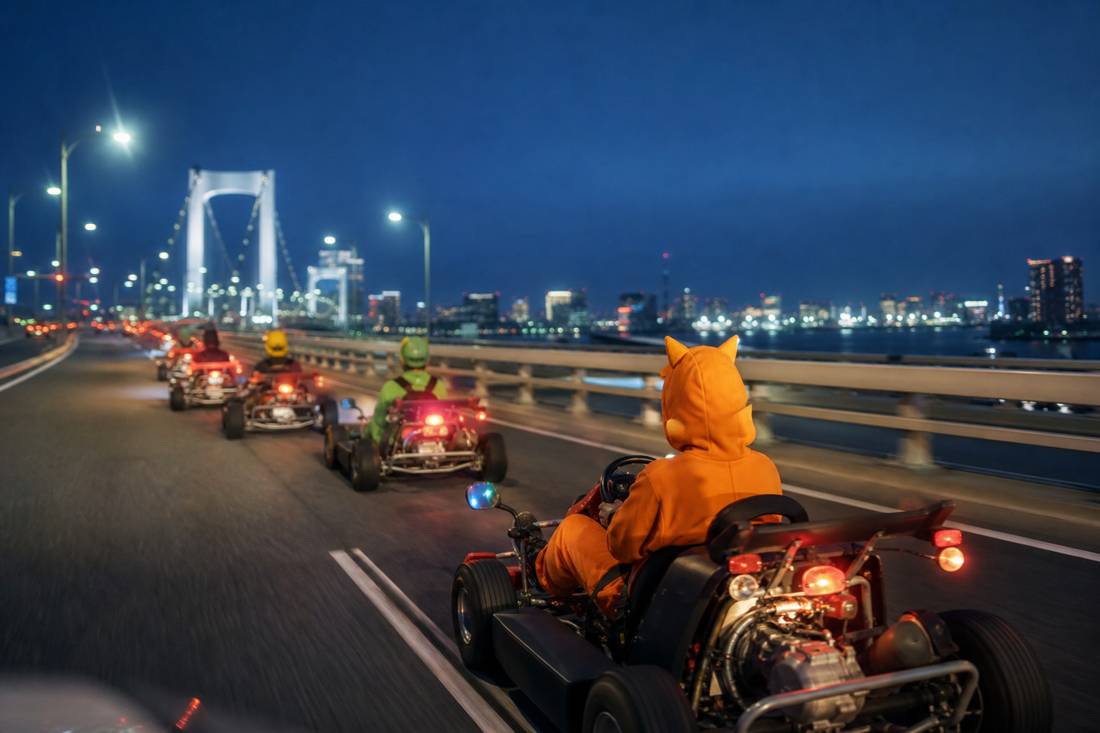 Go-kart da strada che attraversano il Rainbow Bridge sulla baia di Tokyo