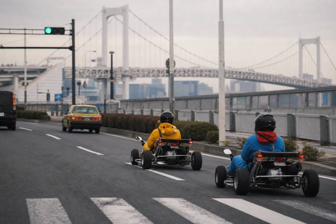 Due go-kart che viaggiano con il Rainbow Bridge alle spalle