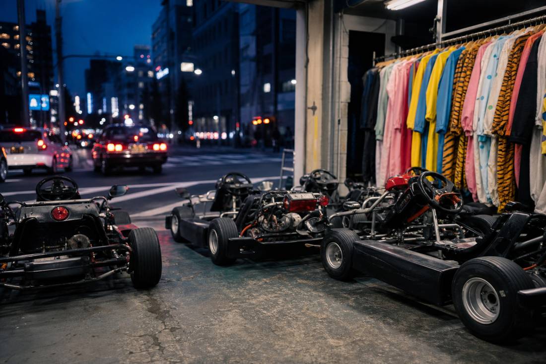 Eine Garage mit markenlosen Karts und schlichten Kostümständern in Tokio