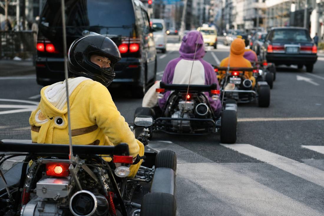 Go-kart a un semaforo con un guidatore con casco che si guarda indietro